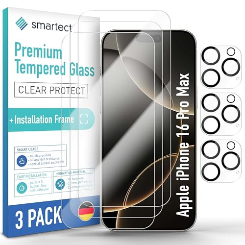 smartect Schutzglas [3 + 3 Stück, Klar] kompatibel mit iPhone 16 Pro Max, Display + Kamera, inkl. Positionierhilfe, HD Schutzfolie Anti-Kratzer, Blasenfrei, 9H Härte, 0.3 mm Ultra-klar