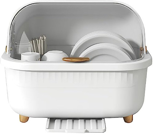 F&Y Caja para secar Platos con Tapa, escurridor de Platos Multifuncional Que Ahorra Espacio para Cocina, diseño Compacto con Orificios de Drenaje (Blanco L)