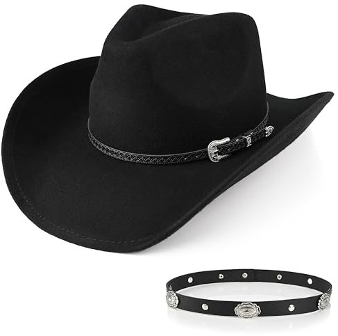 100% Wolle Herren Damen Western Cowboyhut Klassisch Schwarz Cowgirls Hüte Fedora Hut Filz mit Zwei Zierbändern, Schwarz (Black-b), M-XL