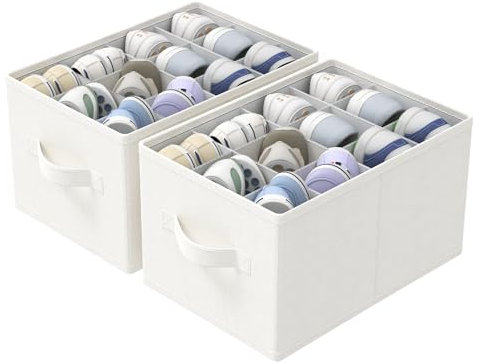 GUOHNHE Organiseur de chaussures, Lot de 2 Grandes Boîte Rangement avec 3 Poignée, Convient pour 12-24 Paires, Grandes Cubes de Stockage, 42 x 32 x 26 cm, Blanc Ivoire, XSNX02W-2