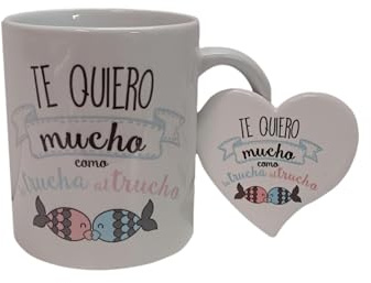 MI SORPRESA PACK Taza + Imán Corazón de cerámica con frase : Te Quiero Mucho como la Trucha al Trucho REGALO SAN VALENTIN ENAMORADOS 14 DE FEBRERO