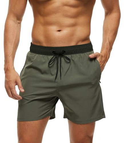 Monstoyo Shorts de Bain Homme Maillot de Bain avec Poches Zippées, Séchage Rapide Short de Plage Piscine Homme Doublure Filet et Cordon Réglable XL Épissure Vert Armée