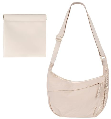 RVLZKCPG Halbmond Crossbody Bag Damen, Modische Nylon Umhängetasche Damen, Halbmond Tasche Verstellbarer Schultergurt, Half Moon Bag mit 1 Münzgeldbeutel für Freizeit Arbeit Reisen (Khaki)
