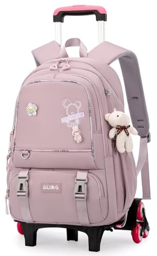 Amythe Schulrucksack Trolley für Mädchen Teenager, 6 Rollen, Lila | Schultasche mit Rollen mit Anhänger für Mädchen 9-18 Jahre, Abnehmbarer Schultrolley für Schule Reisen, Schulstart