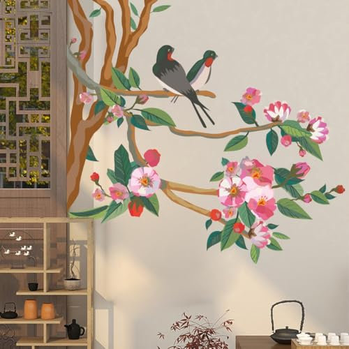 Sticker mural motif cerisier en fleurs avec oiseaux 56 x 53 cm