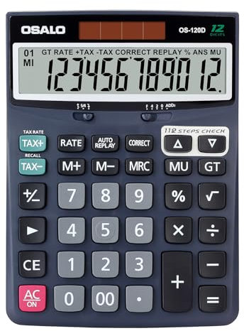 OSALO Taschenrechner große Tasten Extra großes Display mit Check-und Korrekturfunktion Buchhaltung Rechner 12 stelliger Mehrwertsteuer Tischrechner für Bürorechner (OS-120D)