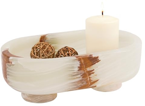 Radicaln Ovale Marmorschale mit Ständer, 25,4 cm, weißer Onyx, handgefertigte Obstschale für Küchentheke, ideale Servierschüssel, Süßigkeiten- und Kerzenschale und Bananenhalter für Küchentisch