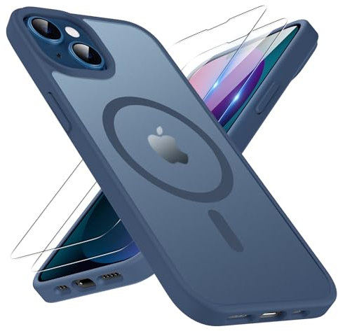 TQIAHF Magnetic Phone Case for iPhone 13 / iPhone 14 Case with 2 Tempered Glass Screen Protector Compatible with MagSafe Military Grade Translucent Matte Phone Cover,Blue