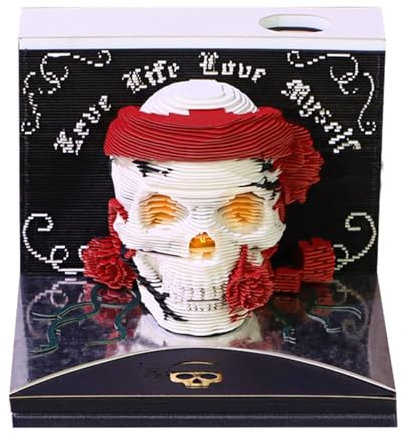 Time Piece Kalender 2026, 3D-Totenkopf-Form, Schreibtischkalender mit LED-Licht, kreative Papierschnitzerei, Kunst, Memo, DIY-Notizblock für Weihnachten, Einweihungsdekoration