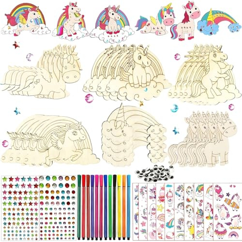 Canollo 70 Stück Einhorn Bastelset, Holz Bemalen Einhorn Regenbogen Basteln Set, mit Aquarellstift, Edelsteinaufkleber, Farbstifte, Tattoos, Augen, für Kindergeburtstag Holz Bastelideen Beschäftigung