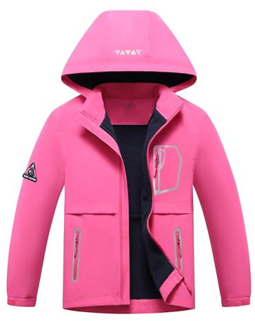 BuyiRen Boys Girls Windbreakers Jacket Rain Jackets Hooded Raincoat Fleece Lined Rain Coats for Kids, Rose, 14-16 Years