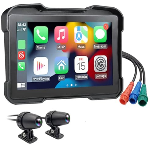 Yarryuter Tragbare 5-DVR-Dashcam für Motorräder, Kabelloses CarPlay, Android Auto-Bildschirm, GPS-Navigation, Wasserdichter Monitor