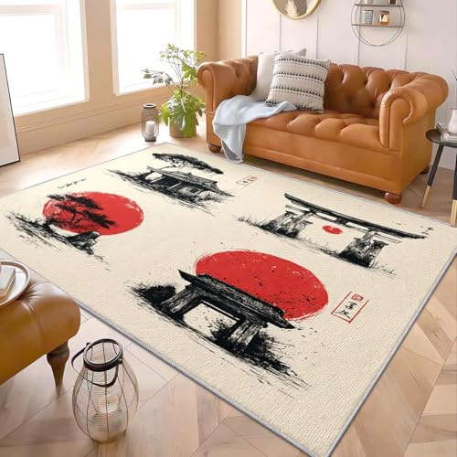 Maschinenwaschbarer Flanell Kurzflor Teppich Japanische Tuschemalerei 80x150 cm mit Rutschfestem TPR-Rücken Weicher Beige Wohnzimmer Teppiche Schlafzimmer Teppiche Flur Teppich