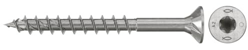 fischer Spanplattenschraube PowerFast II CTP 4,5 x 50 A2 200, Senkkopf, Innenstern-TX-Aufnahme, Teilgewinde, Edelstahl A2, für eine oberflächenbündige Montage in Holz, 200 Stück