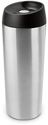 ROMINOX Geschenkartikel Isolierbecher // Recta 500 ml, Edelstahl Silber – Kaffeebecher, Heißgetränkebecher, Thermobecher, isolierende Doppelwand, mit Druckknopf, 500 ml; Maße: ca. 8 x 8 x 21.5 cm
