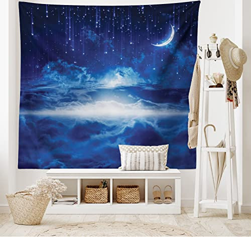 ABAKUHAUS Phantasie Wandteppich und Tagesdecke, Night Sky Moon Stars, aus Weiches Mikrofaser Stoff Wand Dekoration Für Schlafzimmer, 150 x 110 cm, Marineblau und Weiß