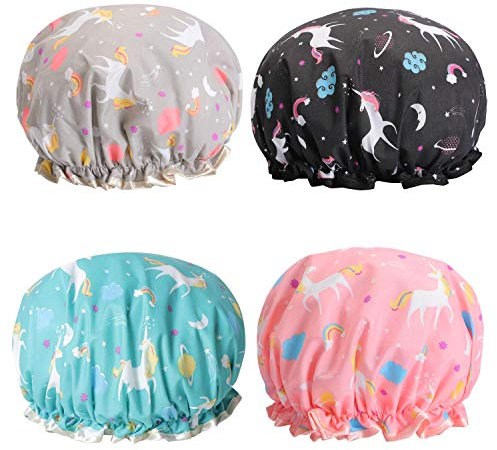 Gorros de ducha de unicornio, gorro de baño de doble capa para mujeres y niñas, para cubrir el cabello largo y grueso, gorro reutilizable e impermeable, paquete de 4