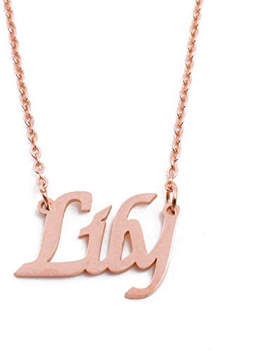 Kigu Lily Name Necklace Personalised 18ct Rose Gold Plated, Custom Dainty Name Pendants, Jewellery for Ladies, Girlfriend, Mother, Sister, Friends Inc Bag & Box