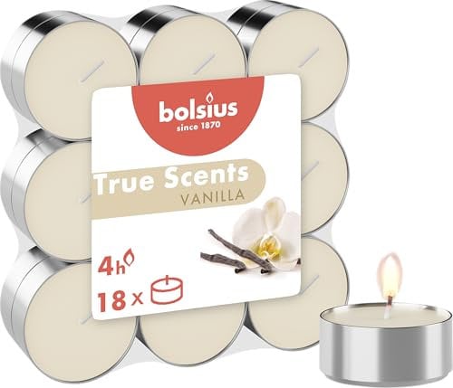 bolsius - True Scents - Lot de 18 Bougies Chauffe-Plat Parfum - Vanille - Durée de Combustion: 4 Heures - Décoration d'intérieur - Extraits naturels - avec Cire Naturelle végétalienne