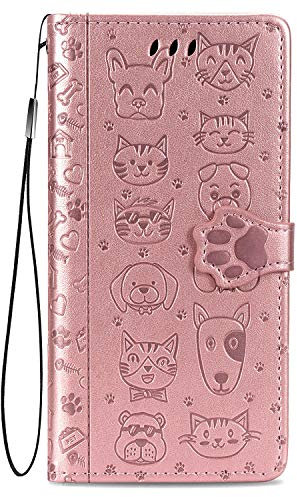 Fertuo Cover iPhone 12 Pro Max, Custodia Portafoglio a Libro in Pelle Flip Cover con Porta Carte, Chiusura Magnetica [Disegni di Gatto Cane] Case Antiurto per Apple iPhone 12 Pro Max, Oro Rosa