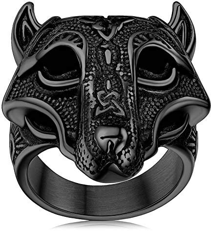 FaithHeart herren Männer Fingerring Viking Retro Statement Ring Schwarz Wolfskopf Ring Punk Partnerring Freundschaftsring mit Geschenkebox