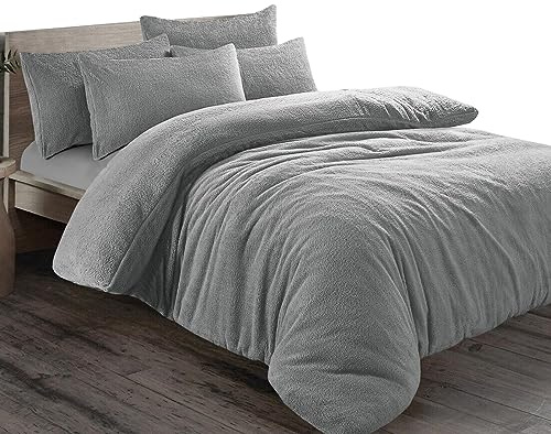 Pinkfairy® Plain Teddy Fleece Duvet Cover Quilt Bedding Set With Pillow Cases, Warm Cozy Super Soft Fluffy Luxury Design Bedset Reversible Easy Care (Single, Silver)