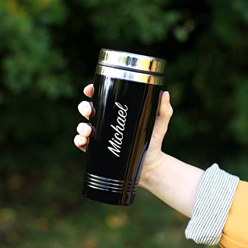 eBuyGB Personalised Insulated Travel Mug, Double Walled 450ml Reusable Drinks Flask, Travel Cup, Stainless Steel Tea/Coffee Cup (Black)