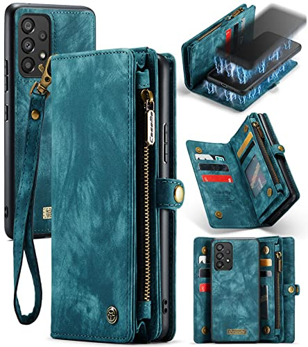 UFinetech für Galaxy A53 Hülle, Stoßfest Kartenfach Magnetisch Abnehmbare Tasche Handyhülle für Samsung A53, Flip Reißverschluss Lanyard Leder TPU Klapphülle Kratzfest Schutzhülle, Blau