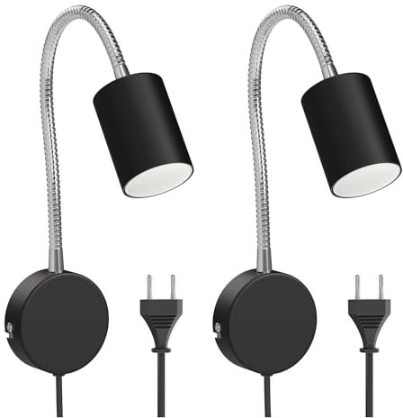 ledscom.de 2 Stück Leselampe WAIKA mit Schwanenhals, Stecker, Schalter schwarz matt, inkl. GU10 LED Lampe warm-weiß 3-Stufen Dimmen: je max. 500lm