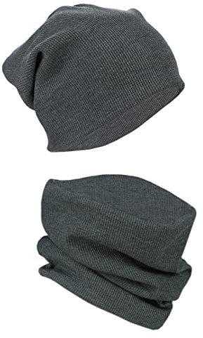 Alkato Unisex Beanie Mütze und Schal Set Uni, Farbe: Rippstoff Anthrazit Meliert, Größe: Einheitsgröße