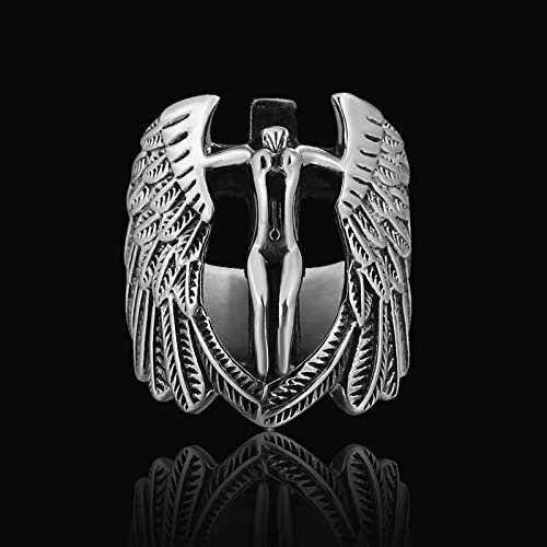XJruixi Gothic Fallen Angel Casting Jesus Stainless Steel Cross Ring Men Punk Retro Angel Wing Ring Jewelry Gift Size 7-13