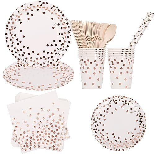 Weddecor 80pcs Paper Plates and Napkins Set, Round Disposable, White Rose Gold Plates, Cups, Paper Straws, White Rose Gold Napkins, Spoon, Fork & Cutlery Perfect for Birthday, Baby Shower, Wedding