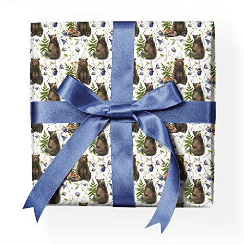 Schönes Wald-Tier Geschenkpapier Set mit Braunbär Fuchs Blüten Dekor-Muster-Papier zum verpacken, Geschenk einpacken, scrapbooking, basteln weiß Format: 32 x 48cm, 4 Bogen
