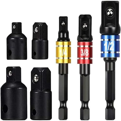 3PCS 1/4, 1/2, 3/8 Impact Socket Adapter, 4PCS 1/4 to 3/8, 3/8 to 1/4, 3/8 to 1/2, 1/2 to 3/8 Drive Socket Adapter for Cordless Drill Quick Change Nut Driver Conversions