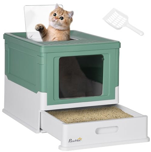 PawHut Bac à litière pour Chat Maison de Toilette fermé Pliable Double Porte battante et supérieure + Pelle + tiroir à litière Nettoyage Facile - 47,5 x 35,5 x 36,7 cm Vert Blanc