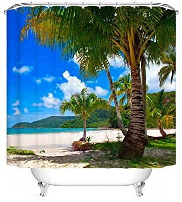 LKFFHAVD Rideau de douche en textile motif plage de sable 120 x 200 cm, 180 x 200 cm, 180 x 180 cm, motif plage, imperméable, impression 3D, polyester, multicolore, 180 x 180 cm, 6