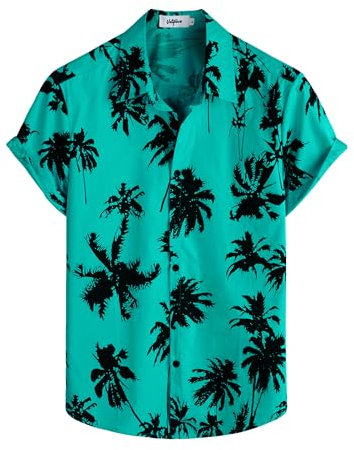 VATPAVE Herren Baumwolle Hawaii Hemd Männer Blumen Freizeit Kurzarmhemd Sommerhemd Urlaub Hemden Groß AquaBlue Kokosbaum