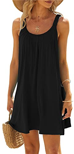 Women's Casual Summer Beach Dress Solid Color Sleeveless Backless U Neck Beachwear Bikini Cover Up (A-Black, S)