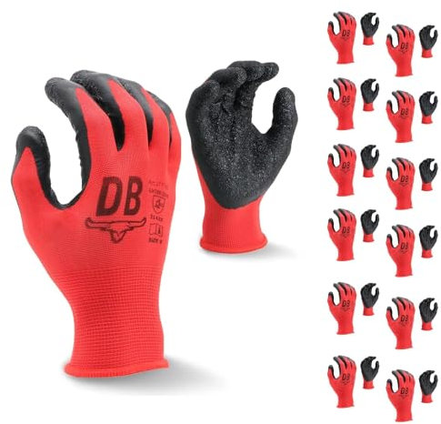 Durabull Latex Coated Work Gloves - Heavy Duty Protective Gloves For Builders, Garden & Working. Secure Fit With Anti Slip Grip. (Red, 7 (S))