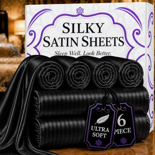 DECOLURE Gestreiftes Satin-Bettwäsche-Set, 6-teilig, luxuriöses Seidengefühl, Queen-Size-Bett, seidig-weich, Queen-Size-Größe, Satin-Bettlaken mit tiefen Taschen, Spannbetttuch, Bettlaken und