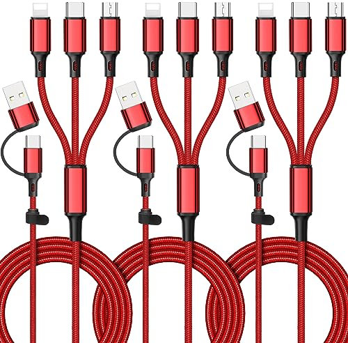 6 in 1 Multi Charging Cable [3Pack 4FT] Nylon Braided Multi Fast Charging Cord USB A/C to Phone USB C/Micro USB/i-P Connector Universal Multiple Phone Charger Cable for Cell Phones