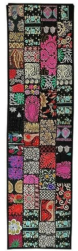 Rajbhoomi indischer Tischläufer, bestickt, Patchwork, Baumwolle, Esstisch, handgefertigt, dekorativer Tischläufer, 45,7 x 152,4 cm, schwarz