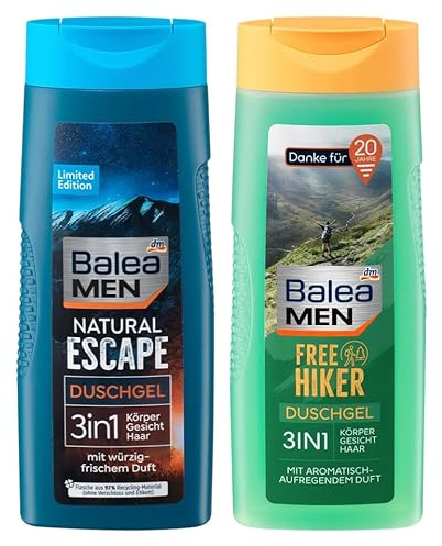 Balea Men 2er-Set Körperpflege für Herren: Duschgel & Shampoo Natural Escape 3in1 für Gesicht, Körper & Haar, würzig-frisch, 300 ml + Duschgel Free Hiker 3in1 mit aromatischem Duft 300 ml, (600 ml)