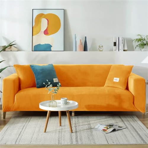 DOTBUY-SHOP Samt Stretch Sofabezug rutschfest Sofaüberwürfe mit Armlehnen, Universal Wohnzimmer All-Inclusive Ecksofa L Form Sofa/Sesselbezug für Hotel Schlafzimmer Zuhause (4 Sitzer,Gold)