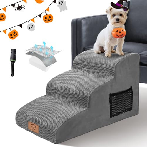 Scaletta per Cani 3 Gradini, Masthome Scala per Cani in Spugna, Rampa Cane per Letto/Divano, Scale per Cuccioli, Gatti e Animali Anziani/Feriti, con Copertura Rimovibile e Lavabile (Grigio)