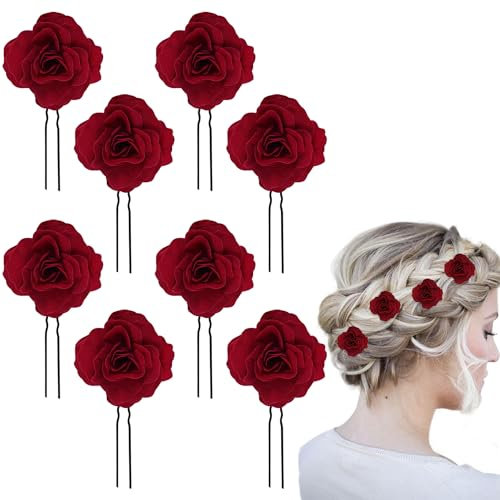 Auswalar 8 PCS Wine Red Rose Flower Hair Clips U Shape Rose Floral Bobby Pins,Vintage Rose Hair Accessories for Women Girls Party Beach Wedding(Wine Red)