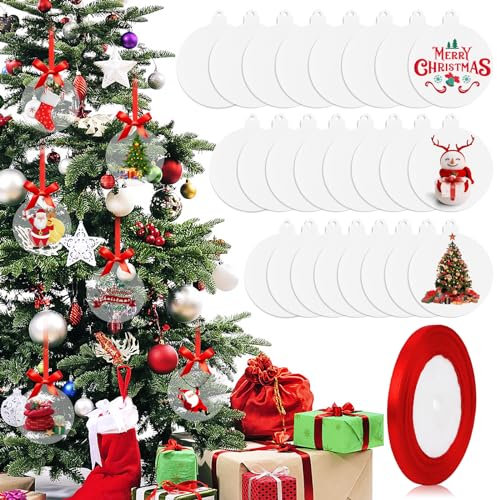 Weihnachtskugeln Acrylplatte Transparent, Weihnachtsbaumanhänger aus Acrylglas mit Rotem Band, 24 Stück Acryl-Kunststoffplatten zum DIY Aufhängen Christbaumschmuck