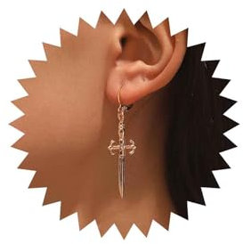 Dervivea Vintage Cz Cross Knife Huggie Hoop Earrings Crystal Cross Drop Earring Rhinestone Cross Earrings Gold Sword Dangle Earrings Jewelry for Women and Girls