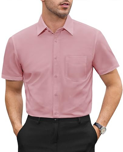 DEMEANOR Chemise à manches courtes pour homme - Chemise décontractée pour homme - Coupe droite - Chemise d'affaires pour homme - Chemise infroissable, Rose, XL