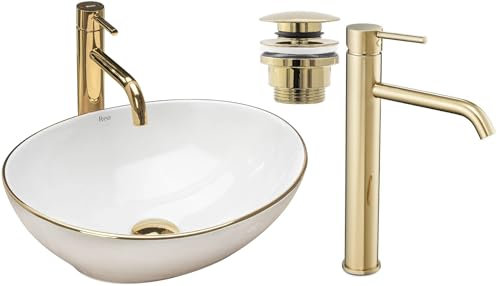 GTM Design Aufsatzwaschbecken Glanz Set mit Waschtischbatterie und Stopfen - Aufsatzwaschbecken Oval für Badezimmer - Modern Waschbecken ohne Hahnloch - Waschbecken mit Armature - Modell 7